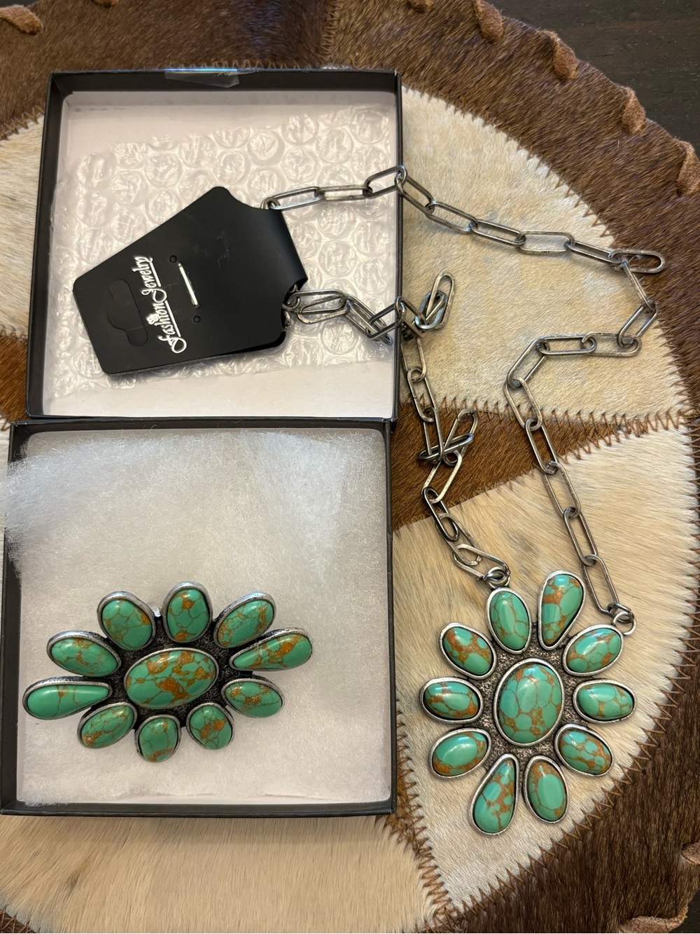 Southwestern Turquoise Flower Statement Necklace and Ring Set